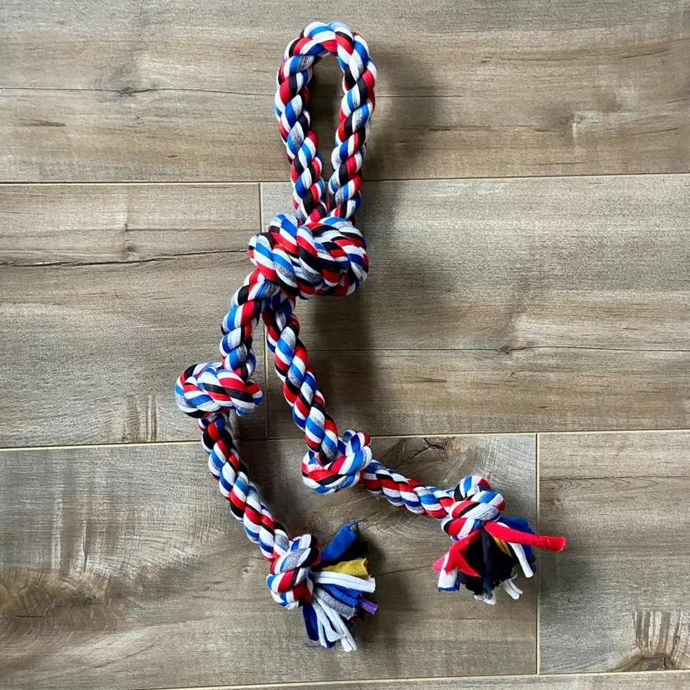 Big 5 Knot Rope Dog Toy with Handle Gip in Red, White, Blue, Black and Gray